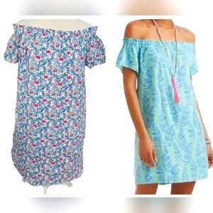 VINEYARD VINES Off The Shoulder Mini Dress In Floral Flamingos Blue Multi.SM NWT
